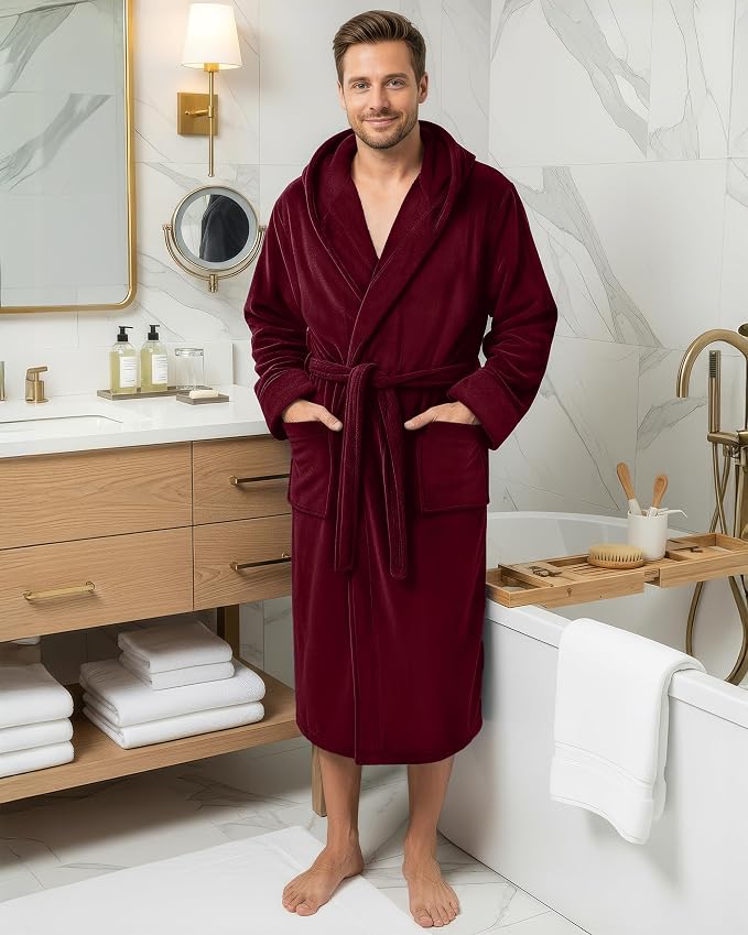 NY Threads Luxury Ultra Soft Mens Robe with Hood Plush Fleece Long Bathrobe