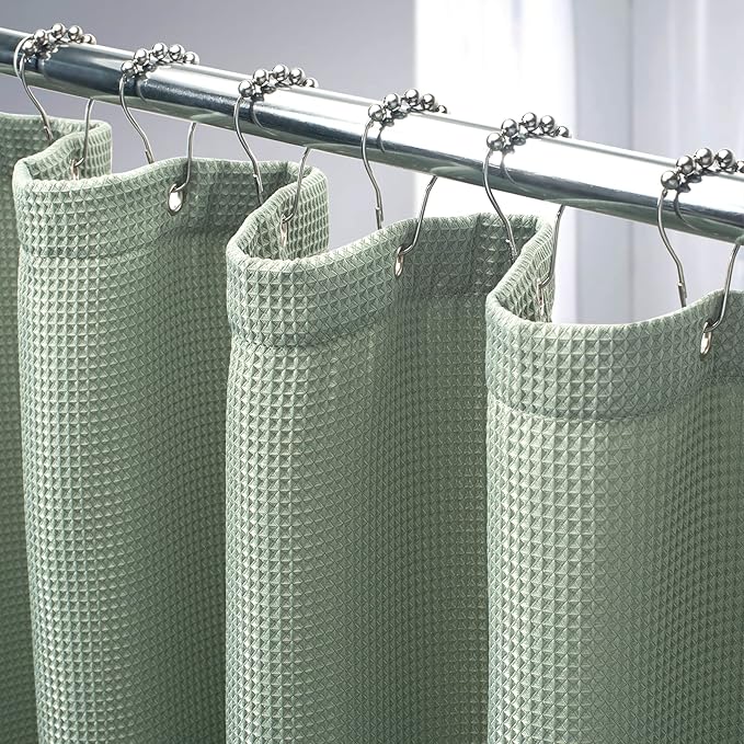 AmazerBath Sage Green Shower Curtain Fabric, Waffle Shower Curtain Cloth, Heavy Duty 240GSM, Hotel Quality Bathroom Shower Curtains, 72 x 72 Inches