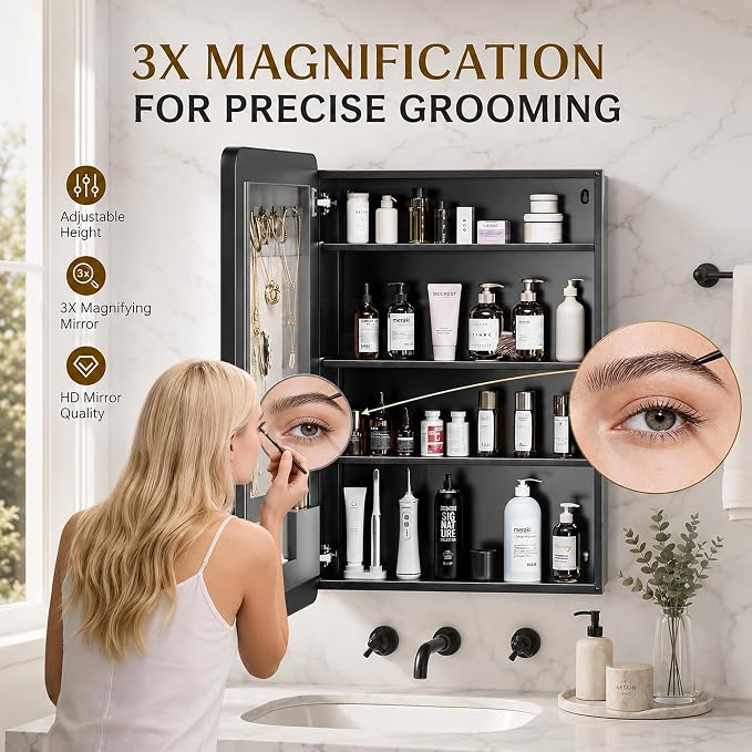 24x30 Black Medicine Cabinet Mirror, Recessed or Surface Mount | Built-in makeup organizer with lipstick slots, Brush holders and inner mirror; 3 adjustable shelves; Rustproof aluminum