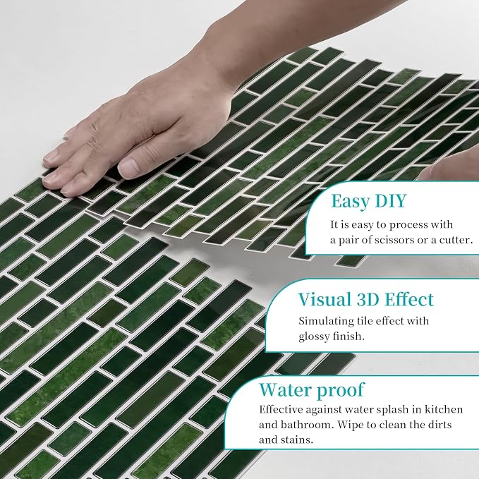 Alwayspon 10 Sheets 12" x12inch Emerald Green Marble Effect Vinyl Tiles, Backsplash, Self-Adhesive Peel and Stick Wall Tile Stickers, Stick on Subway Tiles for Kitchen Bathroom Wall Decor