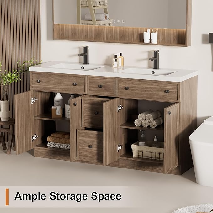 LUCKWIND 60" Bathroom Vanity Sink Combo, Modern Bathroom Cabinet with Double Undermount Solid Surface Vanity Sink, Soft-Close Hinges & Water-Saving Faucet, Taupe