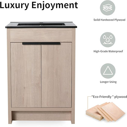 24'' Freestanding Bathroom Vanity, 24 Inch Floor Stand Bathroom Vanity with Sink, Single Black Sink Cabinet Set, Modern Storage Cabinet, with Soft Closing Door, 02424PLO+BL9060BK