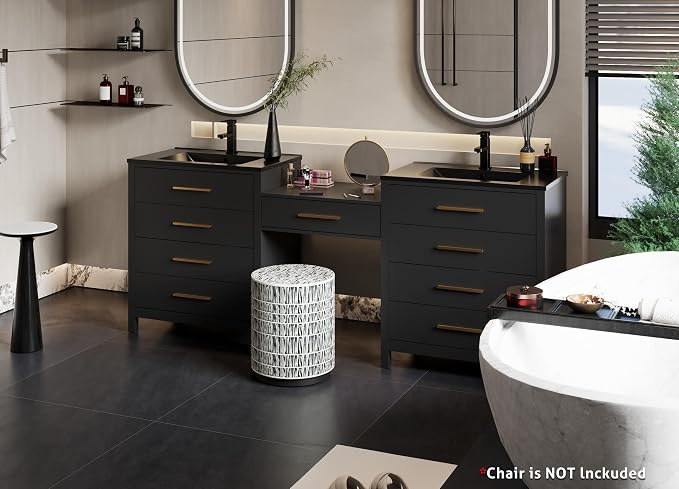 eclife 84" Bathroom Vanity Sink Combo, Modern Painted Vanities Storage Cabinet with 24" Mid Makeup Vanity Desk, 30" Dual Black Basins, Faucets & Drains, Black