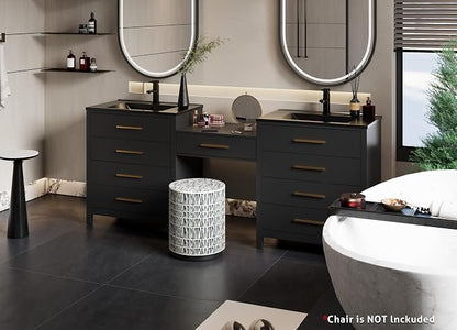 eclife 84" Bathroom Vanity Sink Combo, Modern Painted Vanities Storage Cabinet with 24" Mid Makeup Vanity Desk, 30" Dual Black Basins, Faucets & Drains, Black