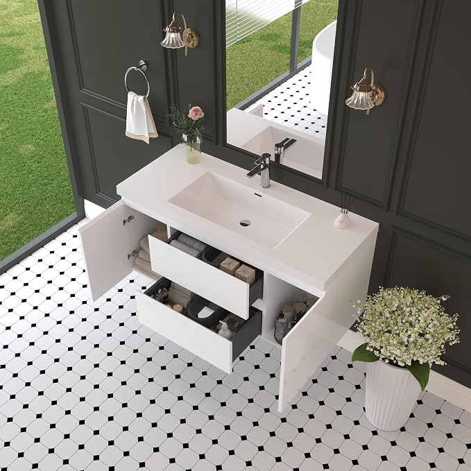 48 Inch Floating Bathroom Vanity Sink,Glossy White | Storage Cabinet Wall Mounted Cabinet, Solid Surface Basin, Soft Close Drawers, Fully Assembled