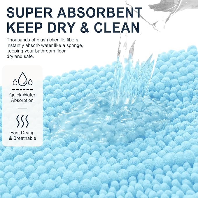 Smiry Thick Chenille Bathroom Runner Rugs 44x24, Soft Bath Mat, Sky Blue | Quick‑Dry & Machine Washable, Non‑Slip Bath Carpet, Striped Bath Rugs for Tub & Shower, Modern Home Decor Accessories