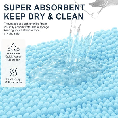 Smiry Thick Chenille Bathroom Rugs 30x20, Soft Absorbent Bath Mat, Sky Blue | Quick‑Dry & Machine Washable, Non‑Slip Bath Carpet, Striped Bath Rugs for Tub & Shower, Modern Home Decor Accessories