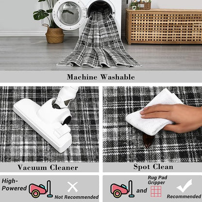 Tartan Plaid Washable Runner Rug 2.5x12 Non Slip Kitchen Rugs Modern Indoor Entryway Rug Soft Bath Mat Stain Resistant Carpet for Bedroom Hallway Laundry Black