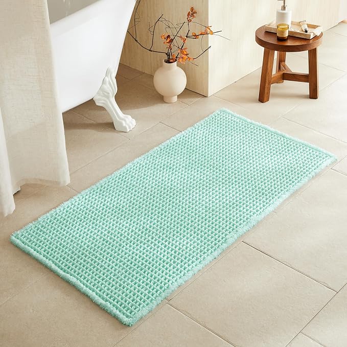 TYUU Waffle Bath Mat, Boho Bathroom Rugs Non Slip, 48x24 Aqua Blue | Super Absorbent Quick Dry Bath Rug, Non-Slip Backing, Soft Waffle Washable Farmhouse Bathroom Mats, Tub, Shower & Home Decor