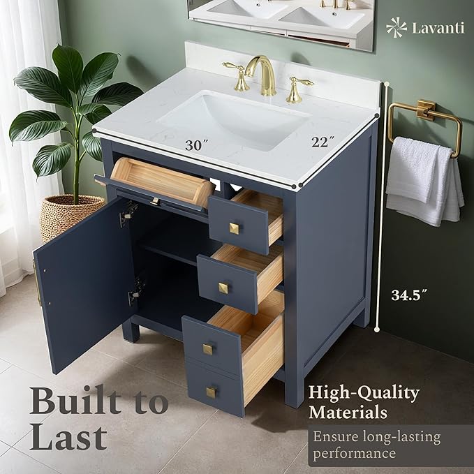 Lavanti Oakford 30 Inch Bathroom Vanity with Sink – Stylish Navy Blue Vanity Bathroom with Storage Cabinet – Modern Bathroom Vanities with Single Vanity Sink & Quartz Countertop
