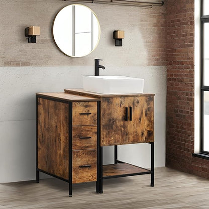 UEV 36" Rustic Brown Bathroom Vanity with Sink Combo,Industrial Iron Frame Bathroom Cabinet Sets with 3 Drawers Side Cabinet,Modern Artistic Ceramic Vessel Sink(031WH)