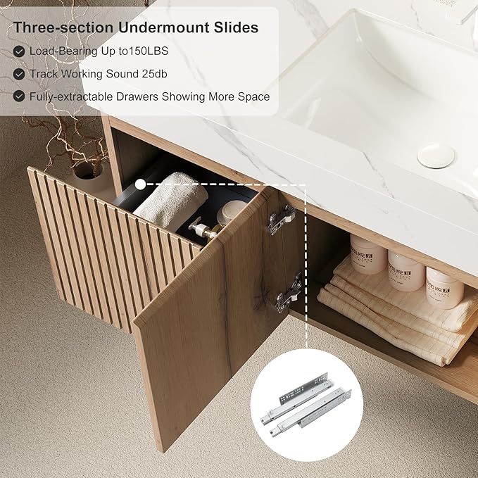 Ambrovina 48 inch Floating Bathroom Vanity with Sink, Wall Mounted Storage Vanities with Drawer and 2 Doors, Carrara White Sintered Stone Top and Ceramic Basin, Pre-Assembled Cabinet, Light Wooden