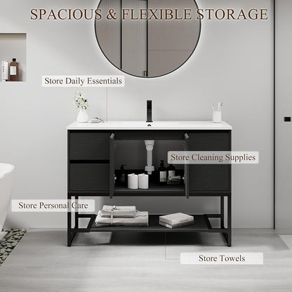 LUCKWIND 48" Modern Bathroom Vanity with Single White Sink Combo, Freestanding Storage Cabinet with Metal Frame, Matte Black Faucet and Open Shelf and 2 Soft-Closing Door, Black