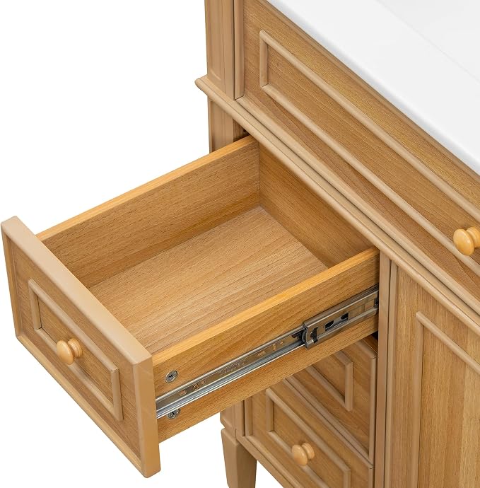 36" Modern Bathroom Vanity with Ceramic Sink, Tilt-Out Drawer & 2 Drawers, Solid Wood Frame Freestanding Storage Cabinet w/2 Soft-Close Doors & Adjustable Shelf, Rubberwood Handles, Wood