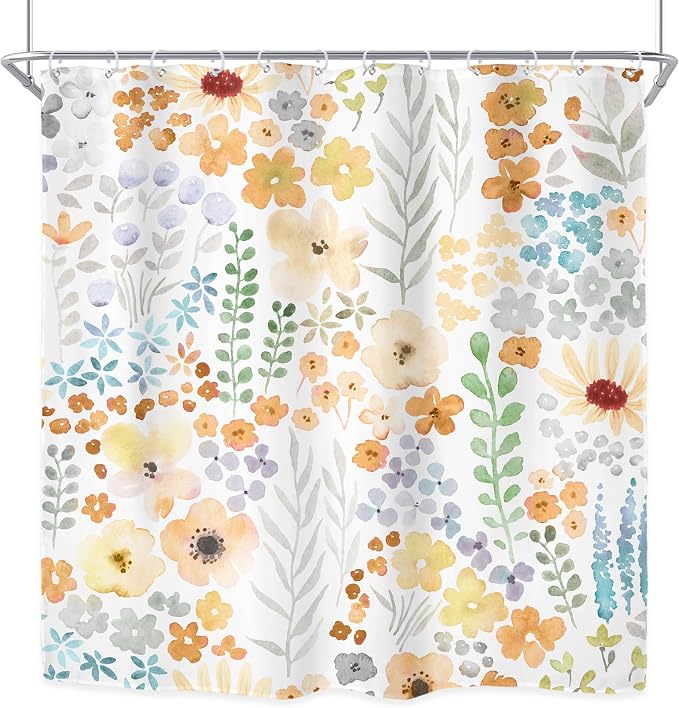 Yellow Cute Floral Flowers Colorful Plants Art Bathroom Shower Curtain Set | 72"W x 72"H Leaves Spring; waterproof HD print, quick-dry fabric with 12 hooks for easy hanging.