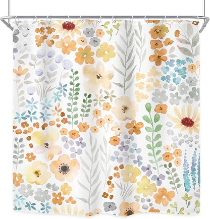 Yellow Cute Floral Flowers Colorful Plants Art Bathroom Shower Curtain Set | 72"W x 72"H Leaves Spring; waterproof HD print, quick-dry fabric with 12 hooks for easy hanging.