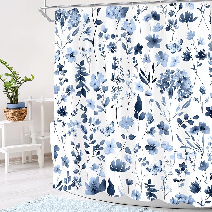 Cute Floral Navy Blue Flower Wildflower Rustic Bathroom Shower Curtain Set | 72"W x 72"H Plants Leaves; waterproof HD print, quick-dry fabric and plastic hooks for easy setup.