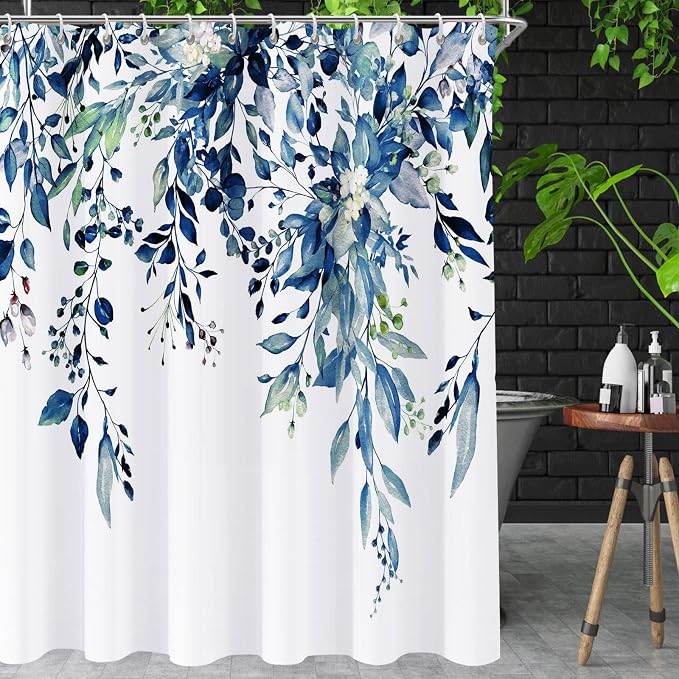 Shower Curtain Blue Eucalyptus Shower Curtains for Bathroom, Watercolor Leaf Shower Curtain Sets Waterproof Plant Shower Curtain Leaves Fabric Cloth Bathroom Curtains 72x72 inch with Hooks