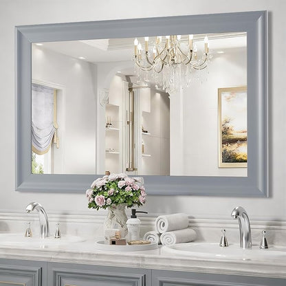 Wood Bathroom Mirror 24x36 Inch, Grey Wooden Rectangle Mirrors with Tempered Glass for Bathroom,Living Room or Entryway
