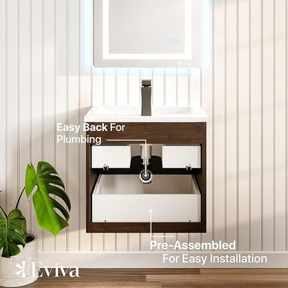 Eviva Joy 24 in. Rosewood Wall MountSingle Sink Bath Vanity with Porcelain Top and Integrated Sink