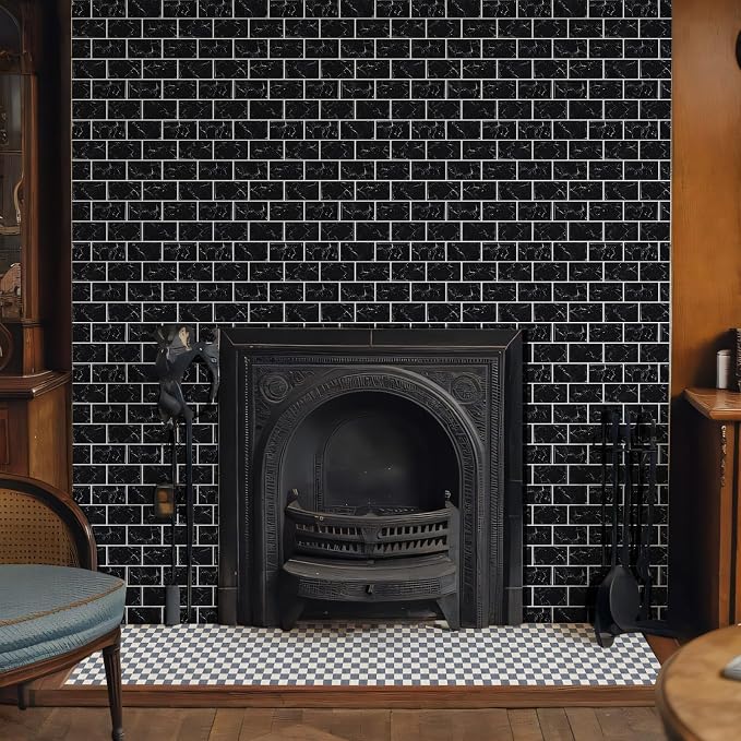 10 Sheets Thicker Design Peel and Stick Backsplash, 12"x12" Peel and Stick Wall Tiles, Subway Look Marble Tiles Backsplash for Kitchen and Bathroom, Black Marquina