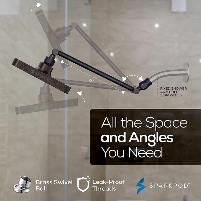 SparkPod 6" Square Rain Shower Head with 11" Shower Arm | Shower Head & Extension Arm Combo, Height Adjustable, High Pressure Performance, Easy 1-Minute Installation,Oil-Rubbed Bronze