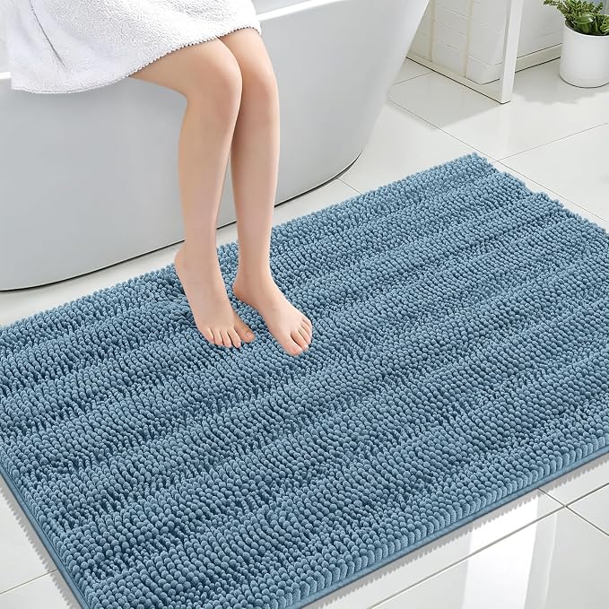 OLANLY Thick Large Bathroom Rugs 47x32, Soft Chenille Bath Rugs, Airy Blue | Absorbent Striped, Rubber Backing, Machine Wash Dry, Bath Mats for Bathroom Floor, Tub and Shower, Home Decor Accessories