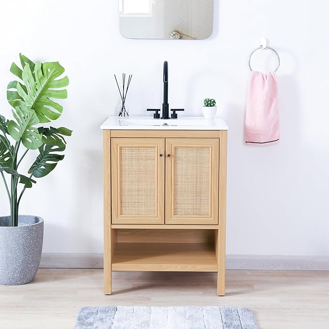 JONATHAN Y VAN1023A Jasper 24 in. W x 18 in. D x 33 in. H Rattan Modern Coastal 2-Shelf Bathroom Vanity Cabinet Only with Soft Closing Doors (Sink Basin Not Included), Oak