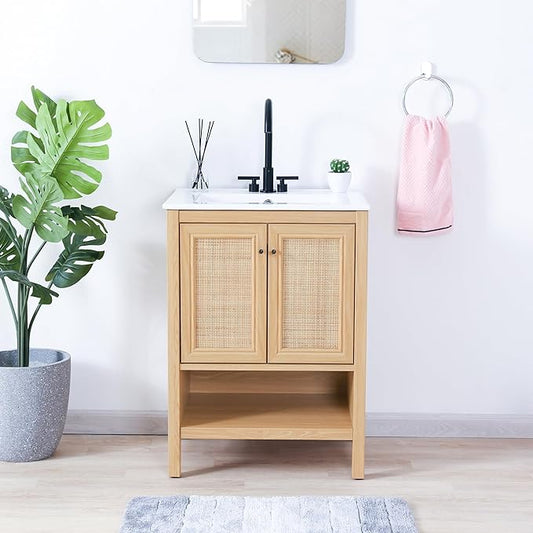 JONATHAN Y VAN1023A Jasper 24 in. W x 18 in. D x 33 in. H Rattan Modern Coastal 2-Shelf Bathroom Vanity Cabinet Only with Soft Closing Doors (Sink Basin Not Included), Oak