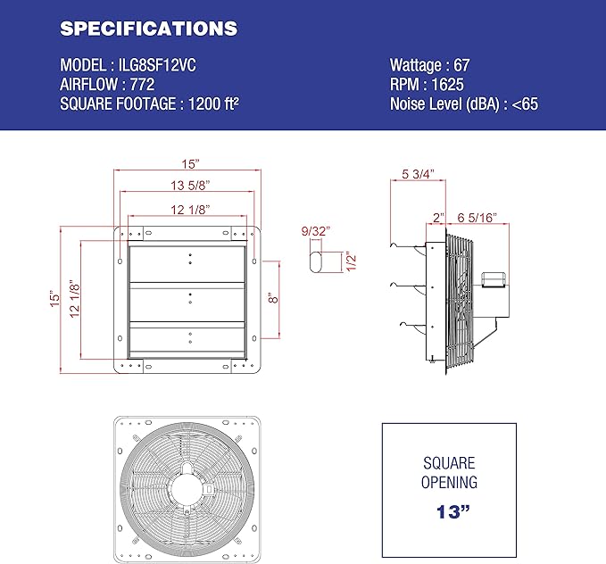 iLiving 12" Shutter Exhaust Fan with Wireless Smart Remote Controlled Thermostat and Humidity, Variable Speed Wall Mounted Attic Vent Fan, Chicken Coop Ventilation, 960 CFM, 1400 SQF Coverage Area