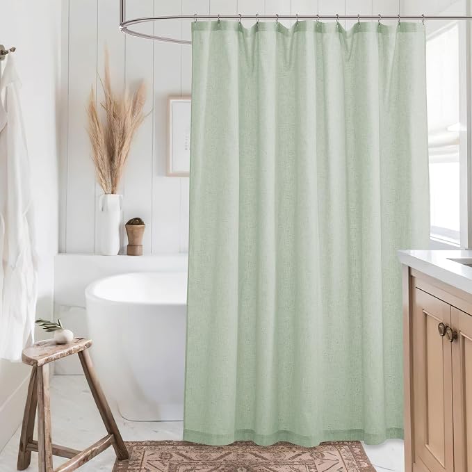 KGORGE Linen Blend Semi-Sheer Shower Curtains Lightweight for Bathroom | Waterproof Fabric for Bathtub, Button Hole Half Privacy Quick Dry, Hooks Included, Sage Green, W54 x L78