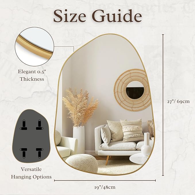 PERFNIQUE Irregular Asymmetrical Wall Mirror, 27''x19'' Gold Bathroom Mirror