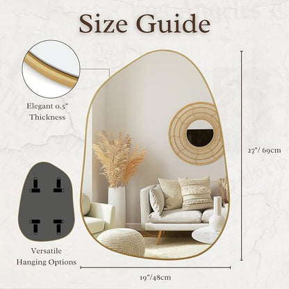PERFNIQUE Irregular Asymmetrical Wall Mirror, 27''x19'' Gold Bathroom Mirror