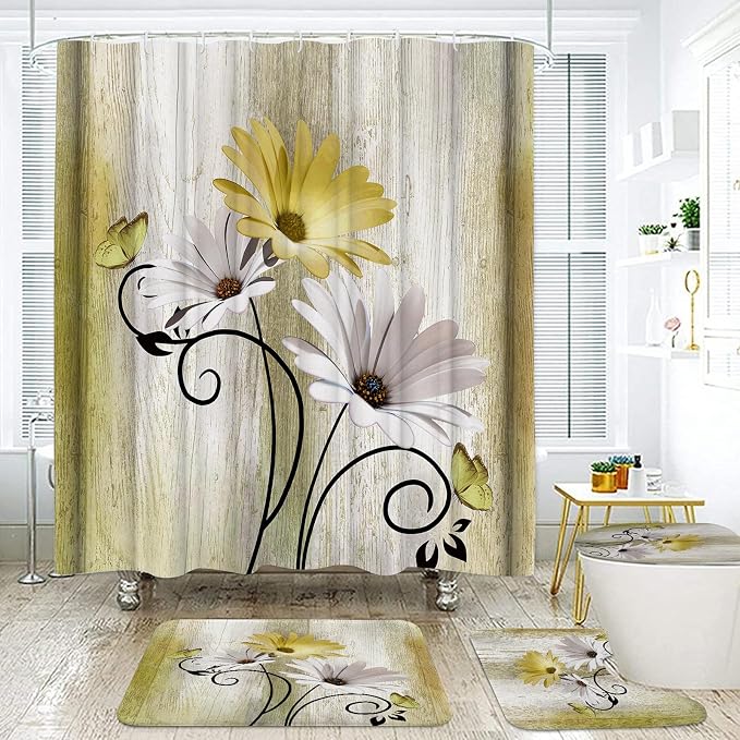 Onalasyc 4PCS Yellow Daisy Bathroom Sets with Shower Curtain and Rugs | Country Floral Butterfly Shower Curtain Set,Modern Bathroom Decor Shower Curtains Set with Rugs Toilet Lid Cover and 12 Hooks