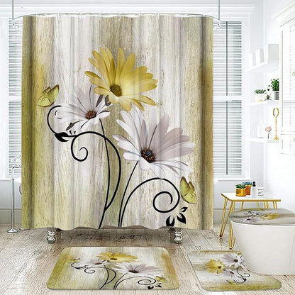 Onalasyc 4PCS Yellow Daisy Bathroom Sets with Shower Curtain and Rugs | Country Floral Butterfly Shower Curtain Set,Modern Bathroom Decor Shower Curtains Set with Rugs Toilet Lid Cover and 12 Hooks
