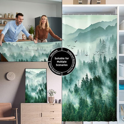 Green Misty Foggy Forest Mountain Shower Curtain for Bathroom 72W*72H Inch Nature Tree Woodland Bathtub Decor Pine Tree Natural Country Cool Masculine Aesthetic Waterproof Polyester Fabric