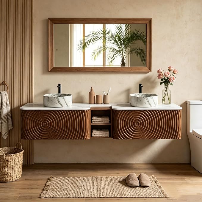 84" Floating Bathroom Vanity with Double Sink, Mid-Century Wall Mounted Bathroom Vanity Cabinet with Wood Waved Decor, Marble Ceramic Basin, Sintered Stone Top, Soft Close Drawer, Side Open Cube