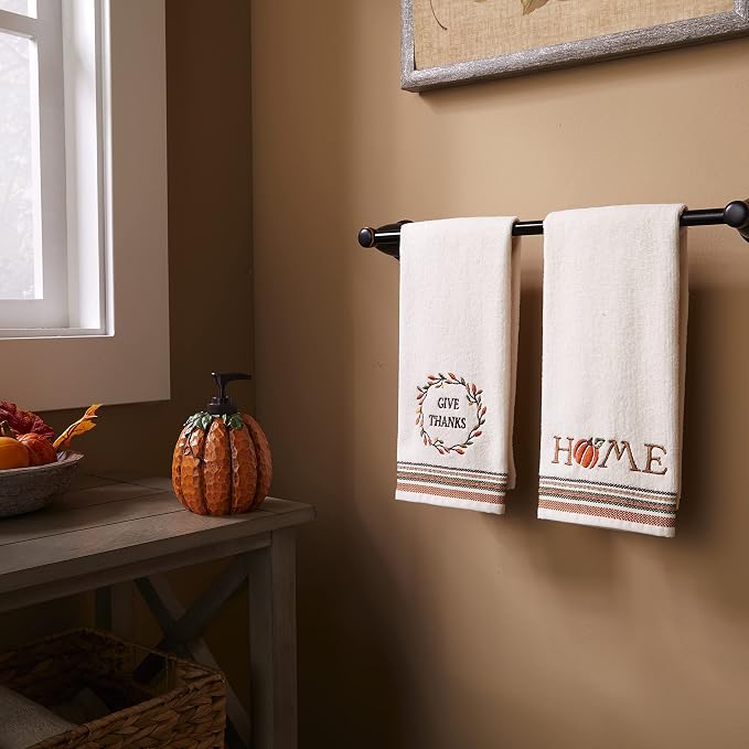 SKL Home Fall/Thanksgiving Give Thanks/Home Hand Towel Set-2pc, Natural | 100% Cotton. Soft, decorative velour with embroidery. For use in the bathroom, kitchen or bar & gifting.