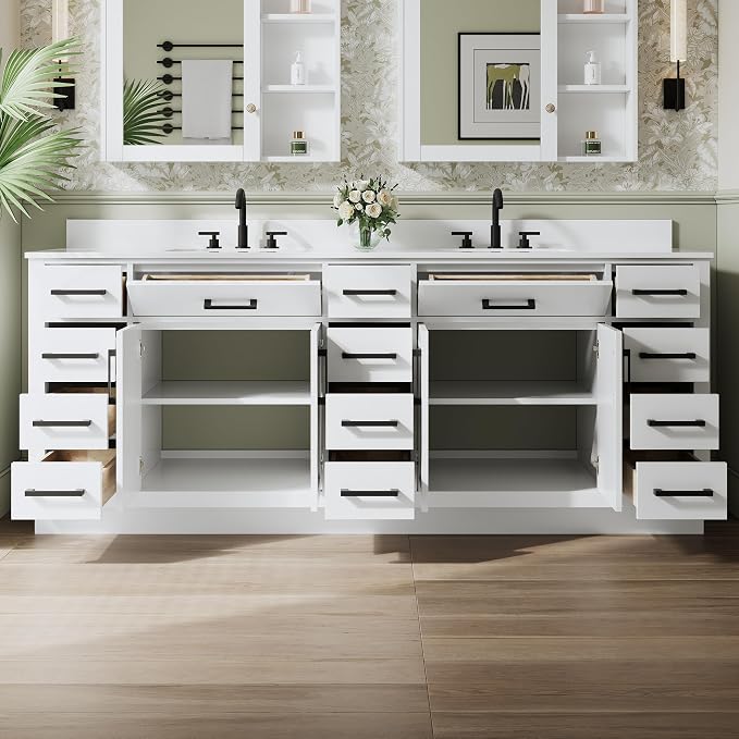 84-Inch Bathroom Vanity with Double Sinks W/ 4 Doors & 12 Drawers & 2 Flip Drawers, White Vanity W/Matte Black Handles