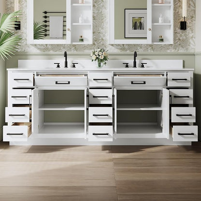 84-Inch Bathroom Vanity with Double Sinks W/ 4 Doors & 12 Drawers & 2 Flip Drawers, White Vanity W/Matte Black Handles