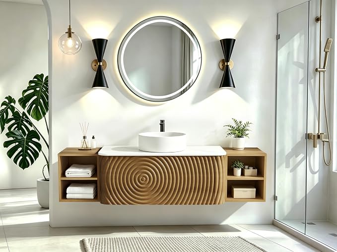 60" Floating Bathroom Vanity with Sink, Mid-Century Wall Mounted Bathroom Vanity Cabinet with Wood Waved Decor,Ceramic Vessel Basin and Sintered Stone Top, Soft Close Drawer, 2 Side Open Cube