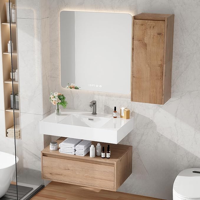 30 Inch Floating Bathroom Vanity with Sink, Modern Wall-Mounted Bathroom Cabinet with Resin Sink & Soft Close Drawer, Split-Level Layout (Nature Oak, 30"+1 Side Cabinet)