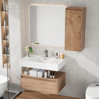 30 Inch Floating Bathroom Vanity with Sink, Modern Wall-Mounted Bathroom Cabinet with Resin Sink & Soft Close Drawer, Split-Level Layout (Nature Oak, 30"+1 Side Cabinet)
