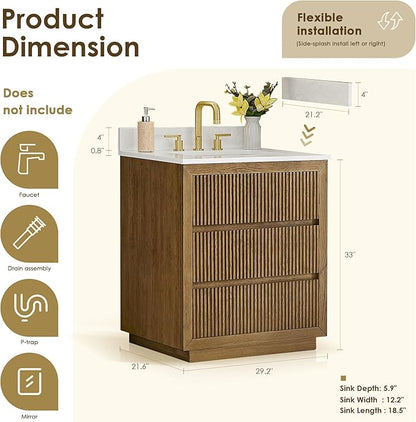 ALTAIR Bathroom Vanity 30 Inch with Sink Mordern Freestanding Single Vanities Brown Large Storge Cabinet with Backsplash Sidesplash Ceramic Countertop Pre-Assembled Bath Fixtures