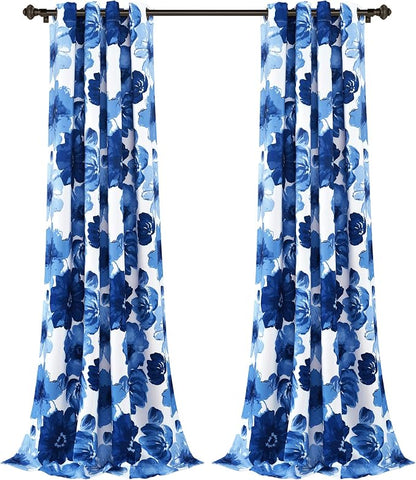 Lush Decor Leah Light Filtering Window Curtain Panels, Pair, 52" W x 84" L, Navy & White - Floral Drapes for Bedroom - Navy Curtains - Farmhouse Decor