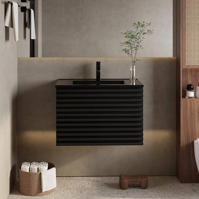 eclife 30" Floating Bathroom Vanity with Sink Combo, Mid-Century Wall Mounted Cabinet with Wood Stripes Decor, Drawers, Undermount Single Black Sink, Faucet, Drain, Black