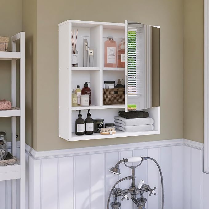 SMIBUY Bathroom Mirror Cabinet Wall Mounted, Bamboo Space Saver Medicine Cabinet, Wall Hanging Over Toilet Storage Cabinet with Mirror Door and Adjustable Shelf (White)