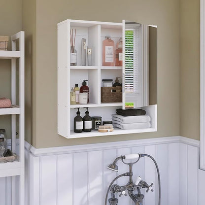 SMIBUY Bathroom Mirror Cabinet Wall Mounted, Bamboo Space Saver Medicine Cabinet, Wall Hanging Over Toilet Storage Cabinet with Mirror Door and Adjustable Shelf (White)