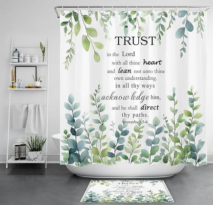 HVEST Green Eucalyptus Bathroom Sets with Shower Curtain and Rugs, Sage Green Leaf Plant and Bible Verse on White Shower Curtain Modern Polyester Fabric Bathroom Shower Curtain Sets,70L X 70W inches