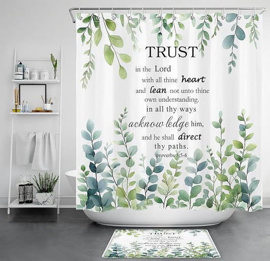HVEST Green Eucalyptus Bathroom Sets with Shower Curtain and Rugs, Sage Green Leaf Plant and Bible Verse on White Shower Curtain Modern Polyester Fabric Bathroom Shower Curtain Sets,70L X 70W inches